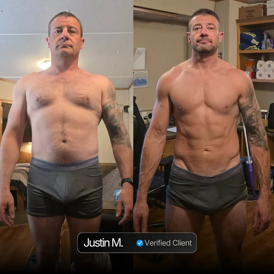 Justin M. client transformation before and after Nicholas Trigili performance coaching, hormone optimization and biohacking protocols